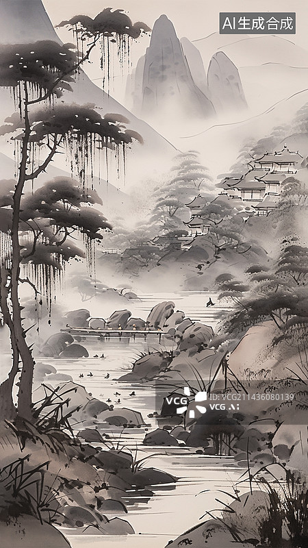 【AI数字艺术】中国传统山水画，水墨写意国画，山石溪水树木古建筑图片素材