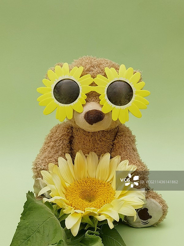 小熊玩偶与向日葵静物特写图片素材