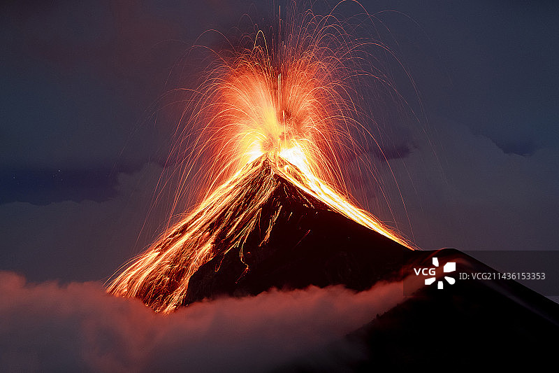 危地马拉恰帕斯山脉富埃戈火山（火山之火）夜间喷发图片素材
