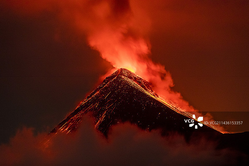 危地马拉恰帕斯山脉富埃戈火山（火山之火）夜间喷发图片素材