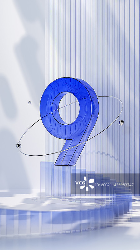 3D渲染蓝色科技风格数字9倒计时插图图片素材