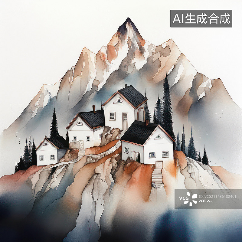 【AI数字艺术】山下的田园生活图片素材