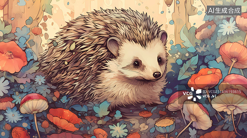 【AI数字艺术】花丛中一只可爱的刺猬插画图片素材