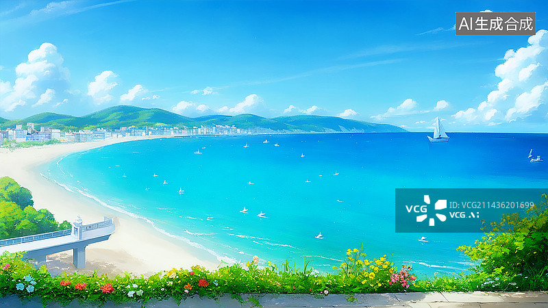 【AI数字艺术】清新海边天台蔚蓝大海蓝天白云二次元风景图片素材