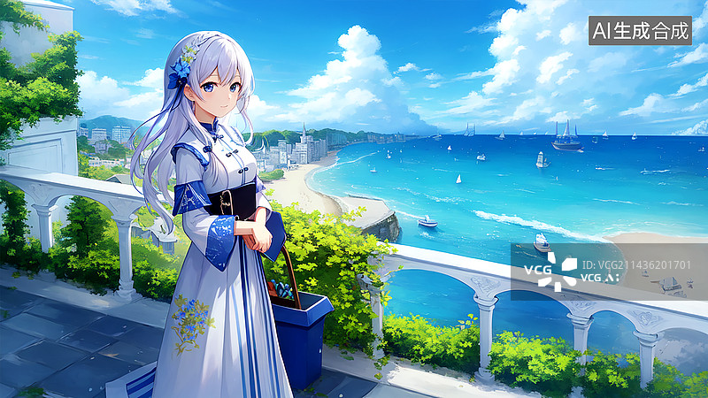 【AI数字艺术】清新海边天台蔚蓝大海蓝天白云二次元风景图片素材