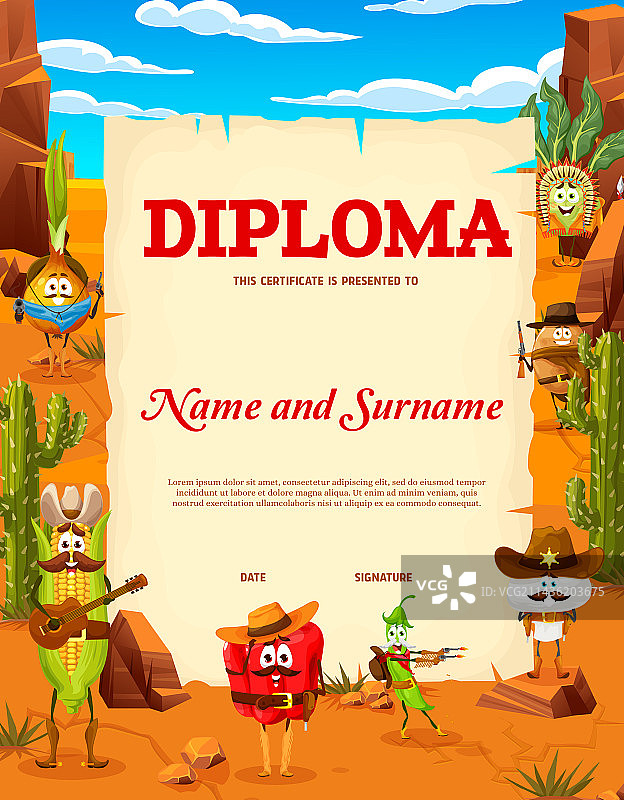 卡通牛仔警长蔬菜文凭图片素材