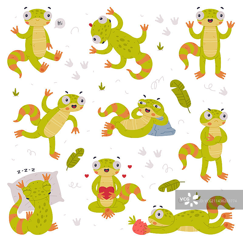 从事不同活动的有趣绿色壁虎角色图片素材