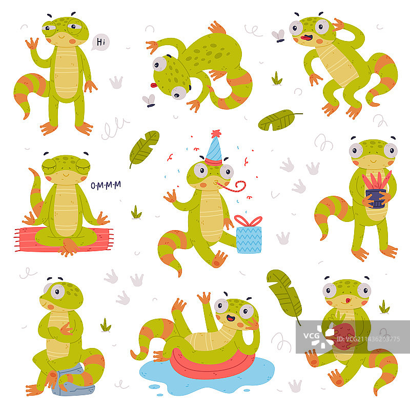 从事不同活动的有趣绿色壁虎角色图片素材