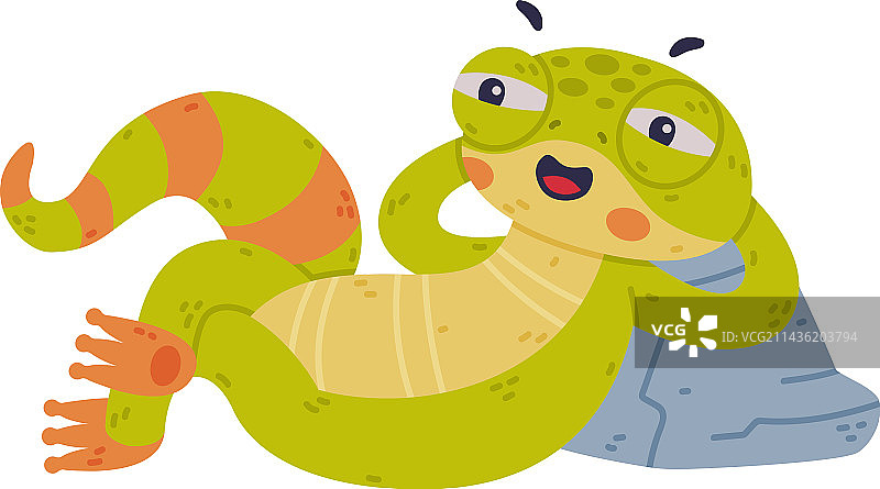 有趣的绿色壁虎角色躺在石头上图片素材