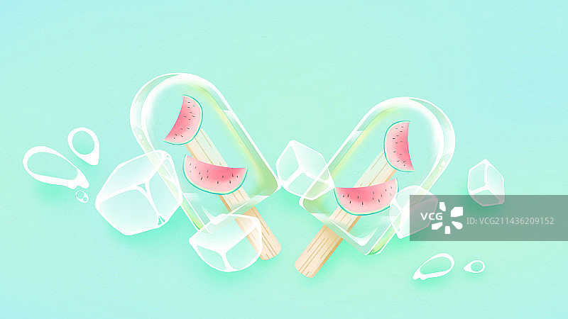 西瓜雪糕与冰块，绿色唯美清新夏季插画图片素材