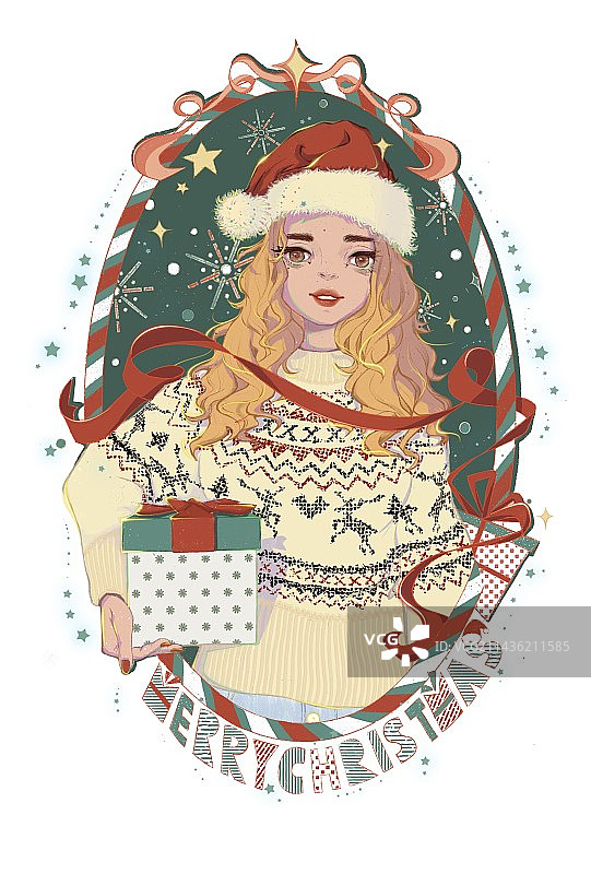 手捧礼物盒的圣诞少女图片素材
