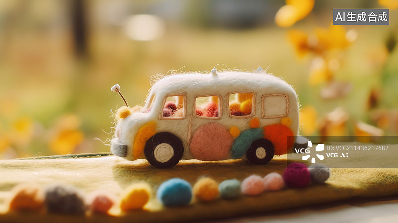 【AI数字艺术】可爱羊毛毡复古卡通车行驶在路面上图片素材