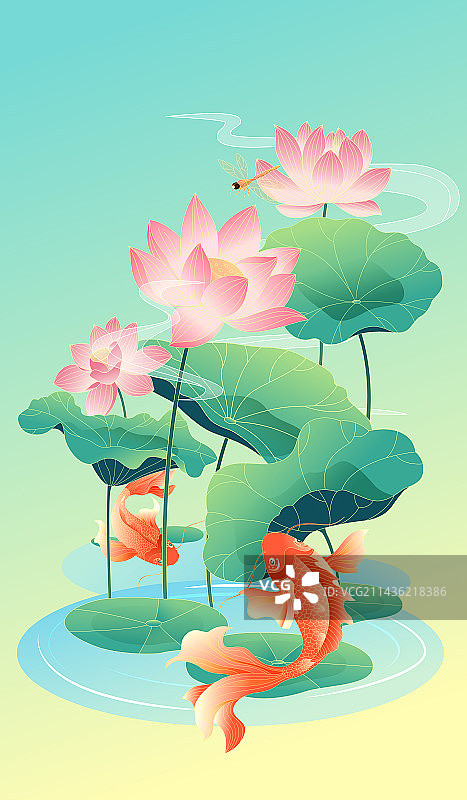 国风传统节气夏至荷塘锦鲤矢量插画图片素材