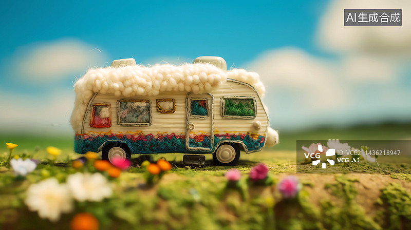 【AI数字艺术】晴天下的羊毛毡房车旅行风景图片素材