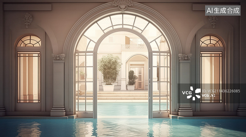 【AI数字艺术】别墅大厅和泳池图片素材