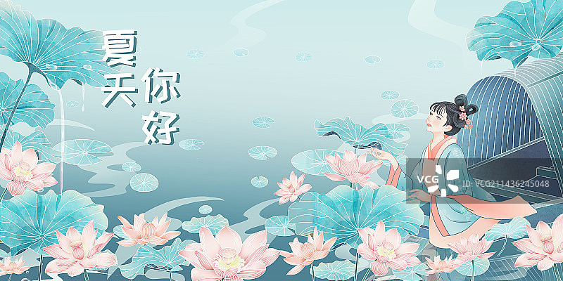 夏季观赏荷花划船游玩的女子图片素材