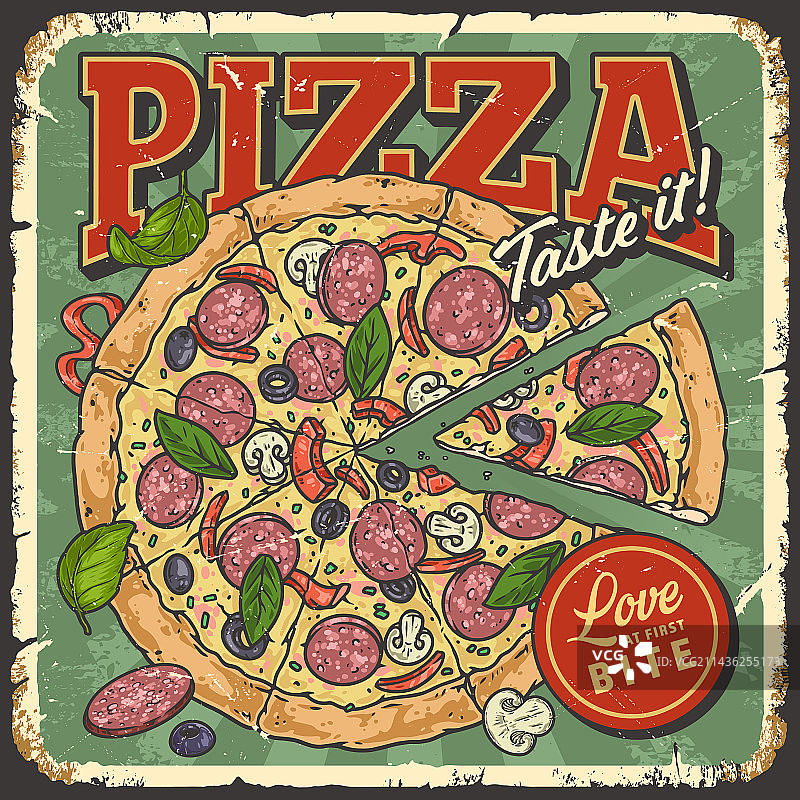 复古风彩色萨拉米披萨宣传单图片素材