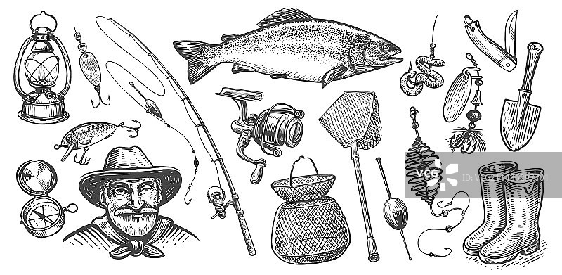 手绘钓鱼概念合集图片素材