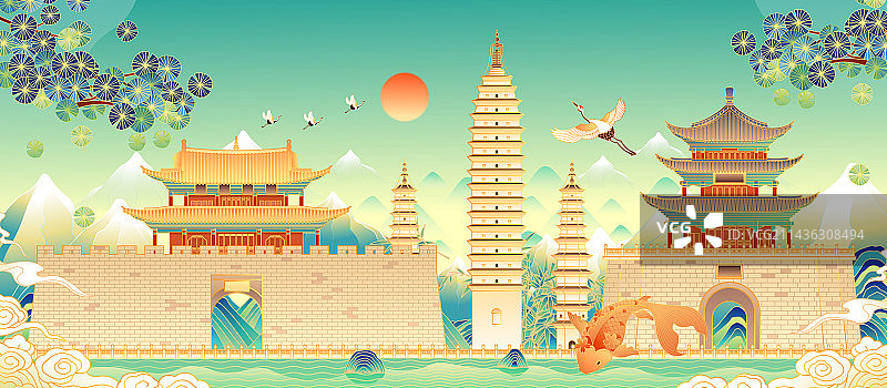 云南大理古城建筑矢量插画图片素材