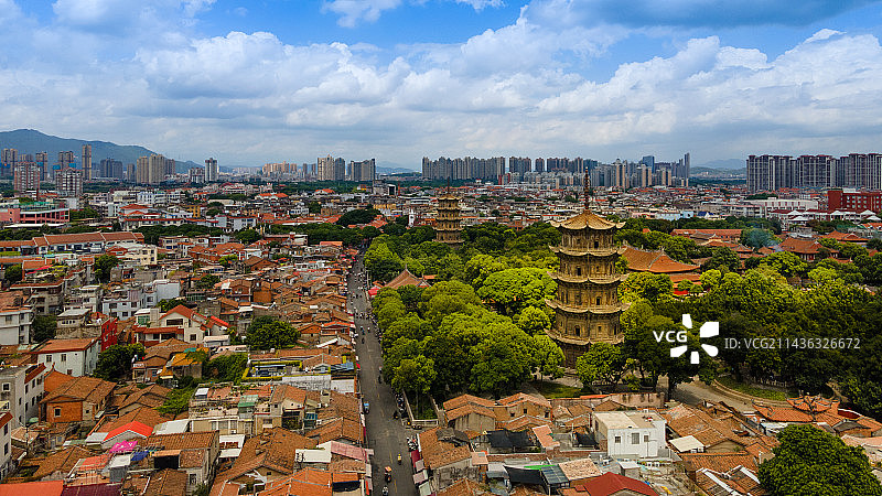 泉州市鲤城区全景，西街，开元寺，航拍泉州图片素材