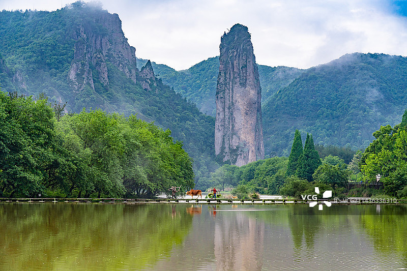 丽水缙云仙都朱潭山风景区老农牵牛图片素材