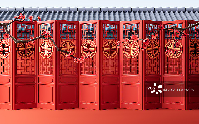 梅花与中国风红墙3D渲染图片素材
