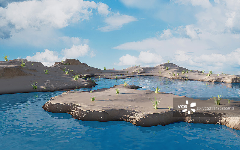 户外地形与湖面3D渲染图片素材