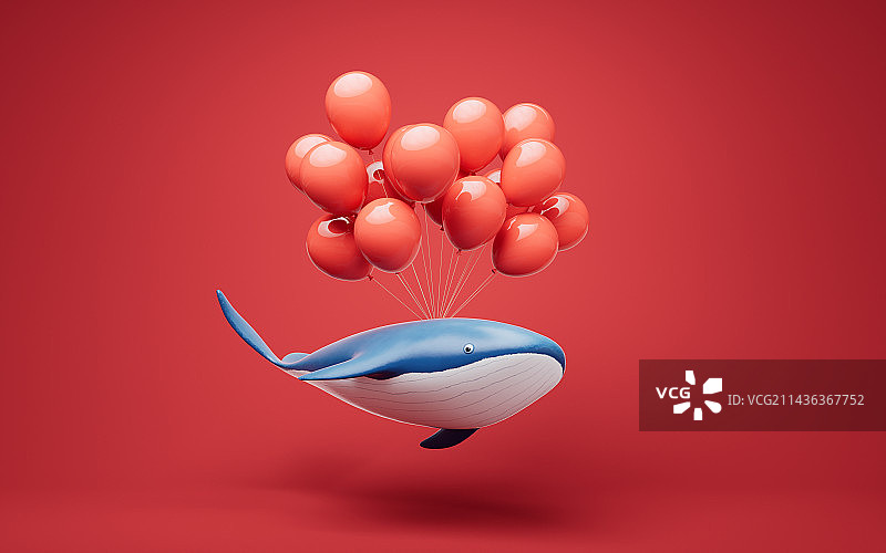 挂着气球的鲸鱼3D渲染图片素材