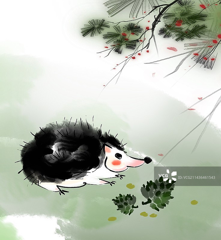 吃果子的小刺猬大自然里的小动物水墨儿童图画书插图设计图片素材