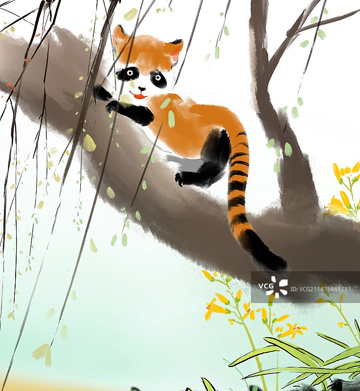狸猫小浣熊大自然里的小动物水墨儿童图画书插图设计图片素材