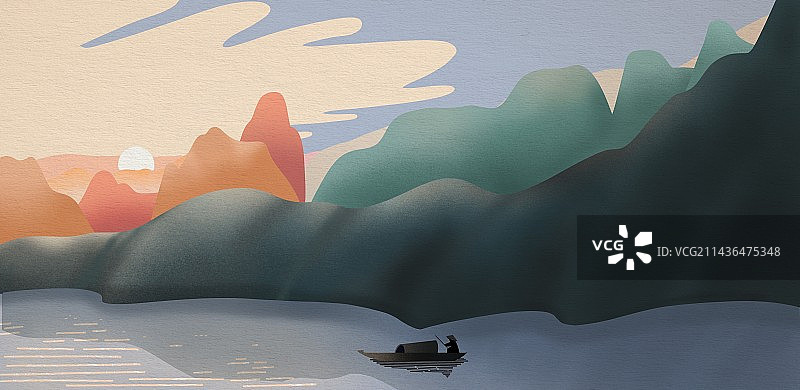 夕阳里一叶扁舟在湖面上被群山包围图片素材