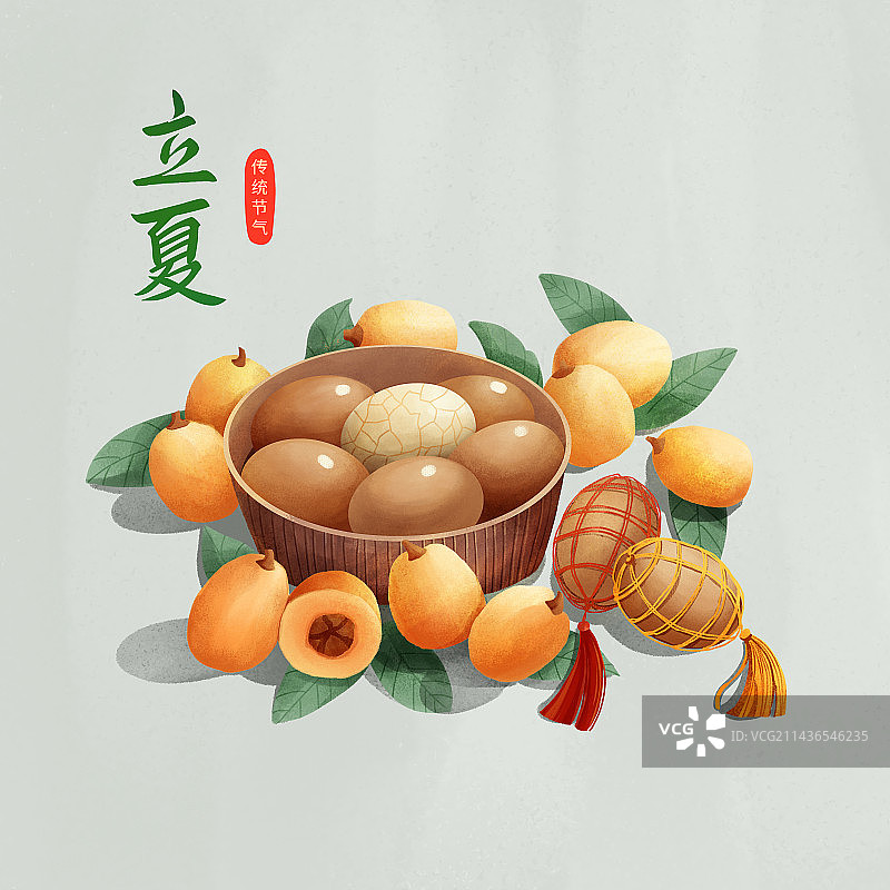 立夏吃煮熟的鸡蛋和成熟的水果枇杷图片素材