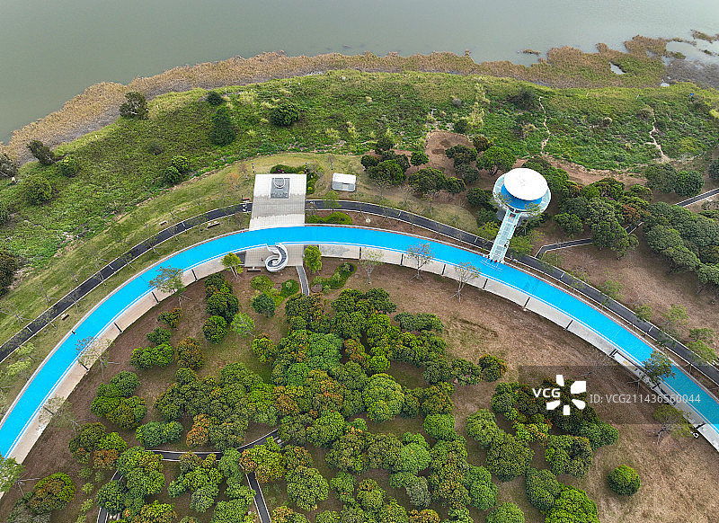 广东省深圳市光明区明湖城市公园后底坑水库石围公园航拍图片素材