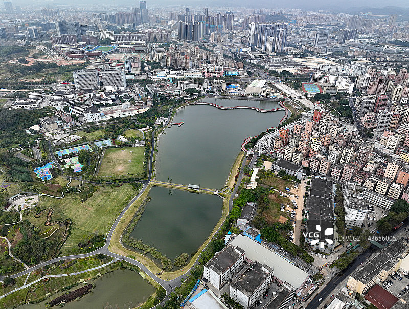 广东省深圳市光明区明湖城市公园后底坑水库石围公园航拍图片素材