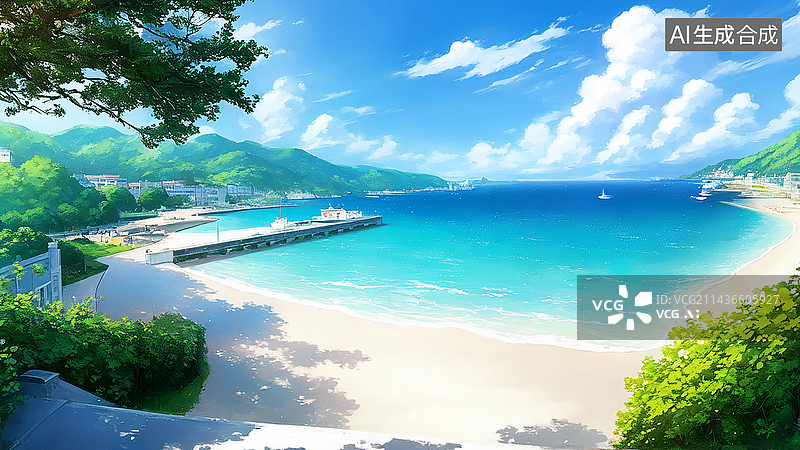 【AI数字艺术】清新海边天台蔚蓝大海蓝天白云二次元风景图片素材
