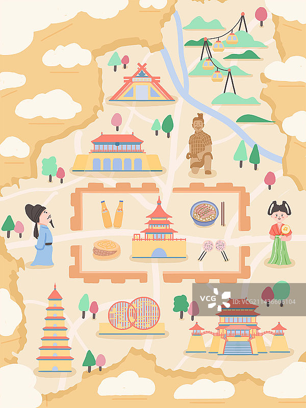 西安地图插画图片素材