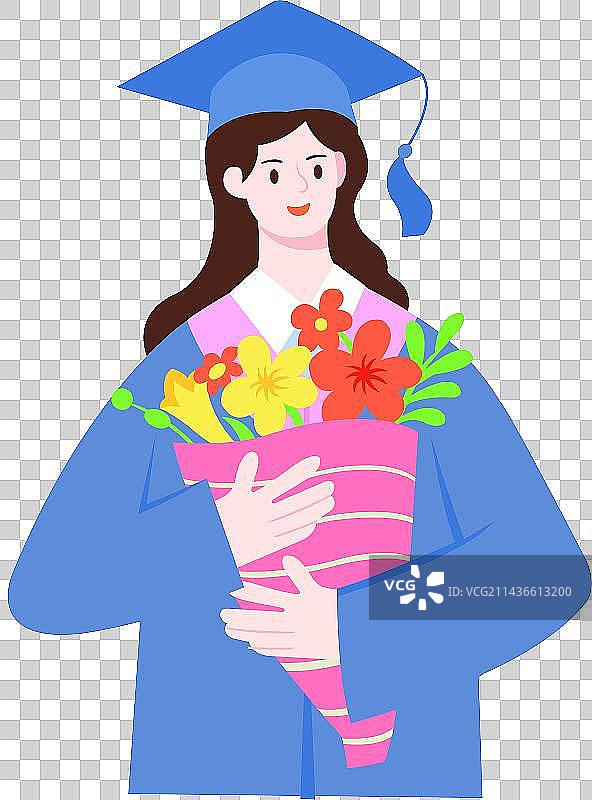 学生毕业矢量插画元素，女毕业生高兴的拿着鲜花，毕业季身穿学士服毕业季快乐学业有成就业保险学习图片素材