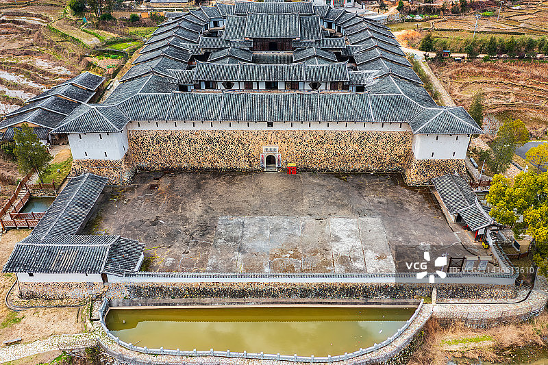 福建省三明市永安市槐南镇洋头村（安贞堡）建筑航拍鸟瞰图图片素材