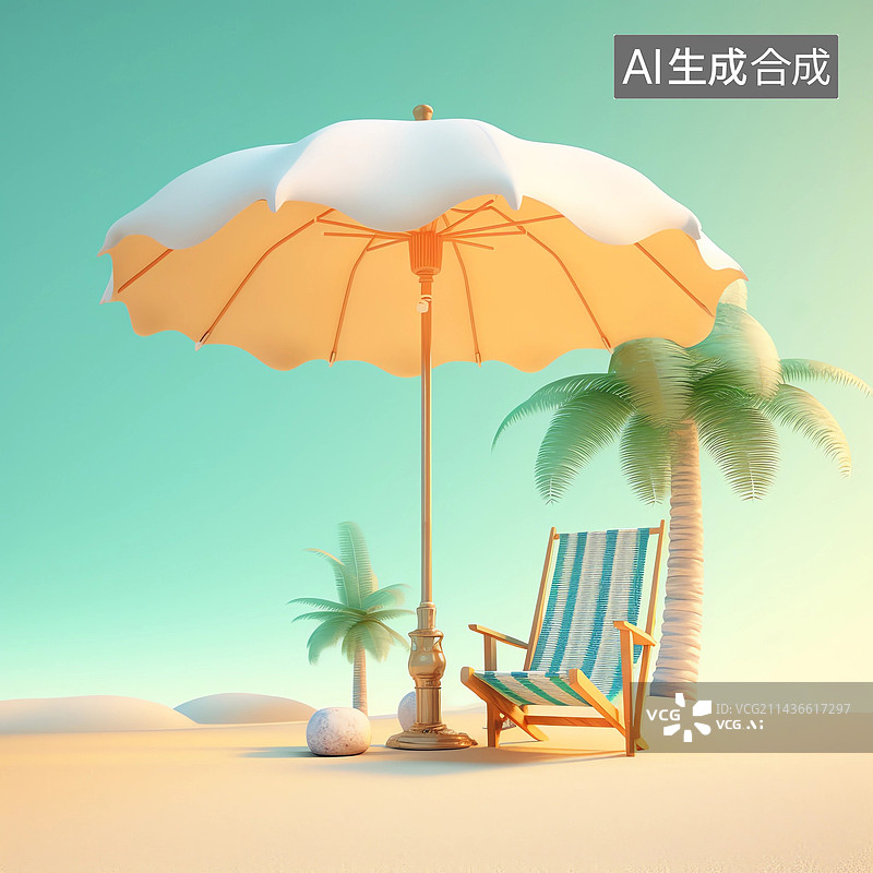 【AI数字艺术】遮阳伞下的蓝白条纹躺椅背景图片素材