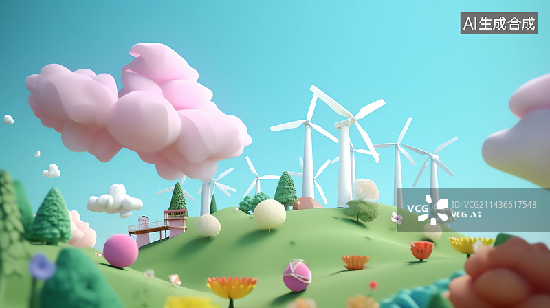 【AI数字艺术】湛蓝天空下的风力发电新能源生态气息图片素材