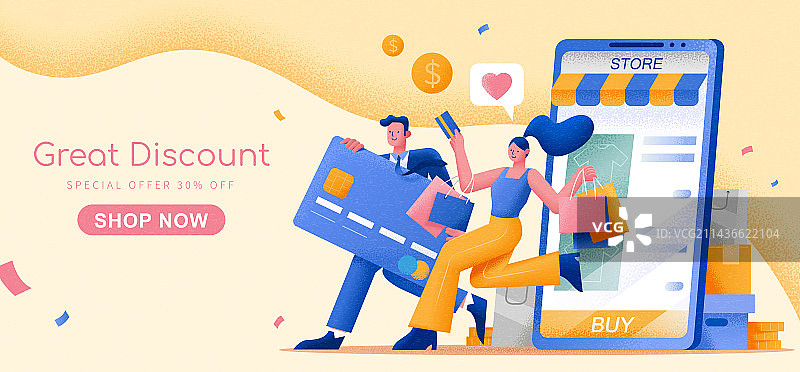 线上购物促销横幅 微型人物与手机采购界面图片素材