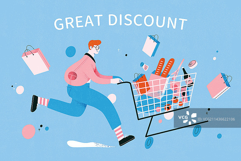 日用品采购优惠插画 男孩推着购物车图片素材