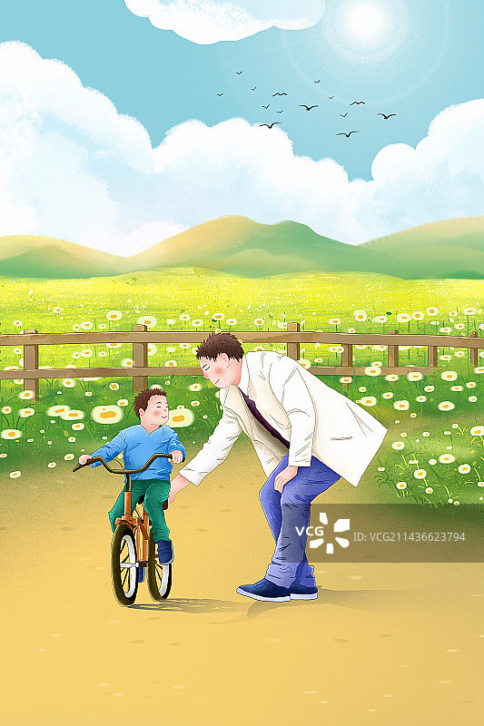 蓝天白云下林间小道上父亲教儿子学自行车插画图片素材