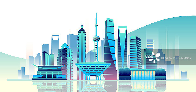 上海城市地标建筑渐变矢量插画海报图片素材