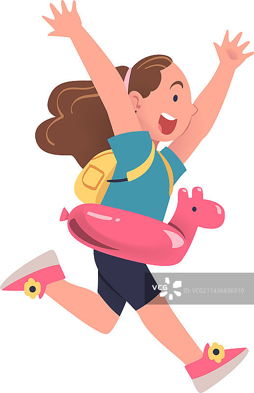 拿着救生圈和背包的快乐小女孩图片素材
