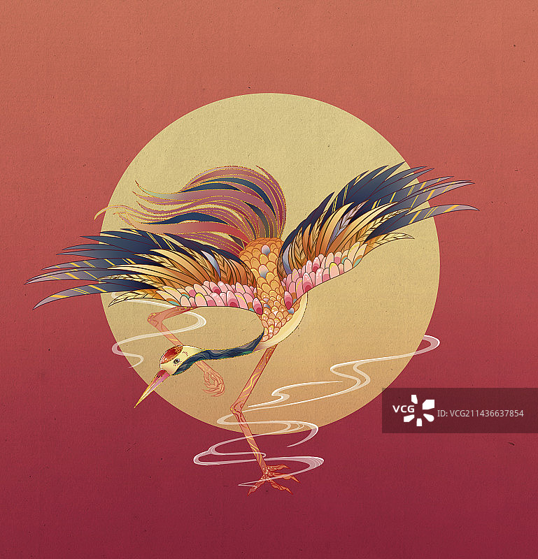 中式国潮风仙鹤丹顶鹤创意插画图片素材