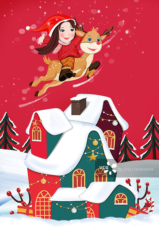 圣诞节女孩骑鹿飞越插画图片素材