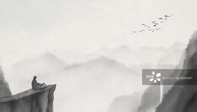 水墨山水国画高山流水图片素材