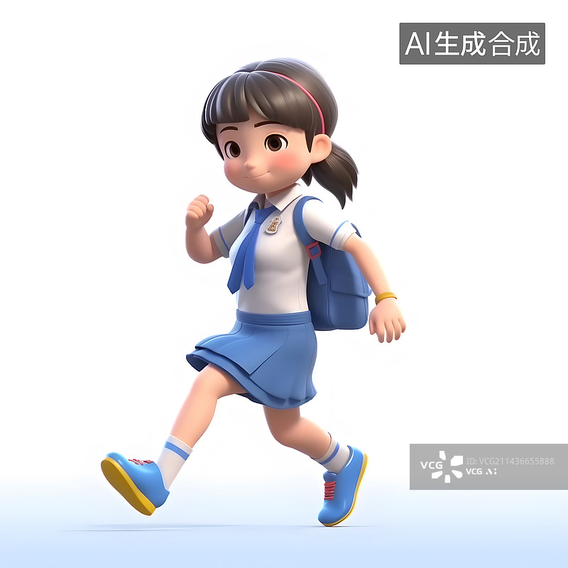 【AI数字艺术】一个可爱的蓝色校服背着书包的女孩背着背包准备上学的3d插图图片素材
