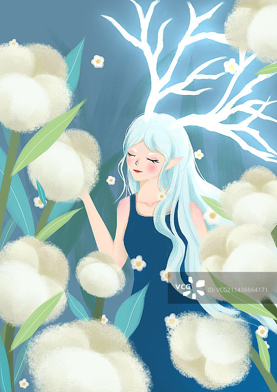 森系少女 森林女孩 棉花 鹿角 微光图片素材